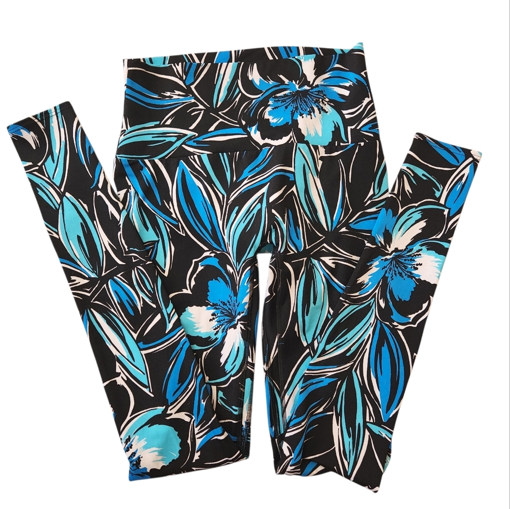 K-DEER Floral Super Long Leggings Womens Large High Waisted Yoga Pants Blue
